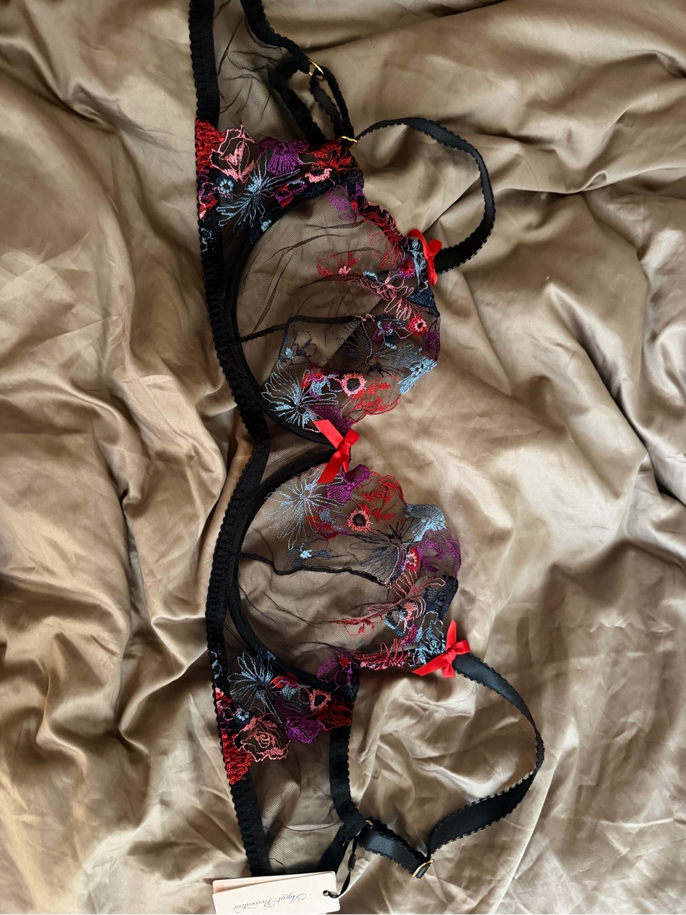 Agent Provocateur Sheer Black Lace Bra with Pink Brand Tag ZURI BRA BLACK/MULTI